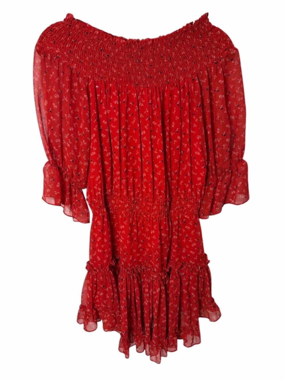 MISA Darla Red Floral Off Shoulder Smocked Ruffle Mini Dress L - Picture 7 of 11